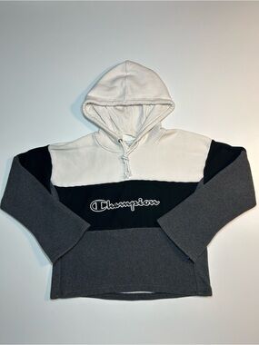 Champion Reverse Weave Colorblock Cropped Hoodie Bell Sleeve Grey Black White
